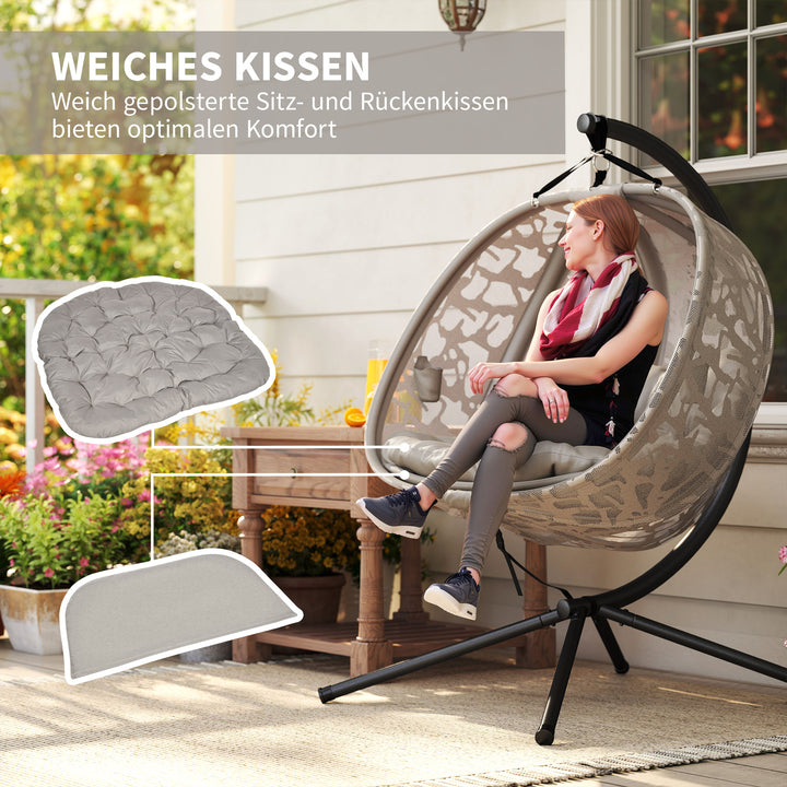 Hængestol til 2 personer, foldbar siddekurv, stor siddehynde, sand, 130 x 103 x 172 cm