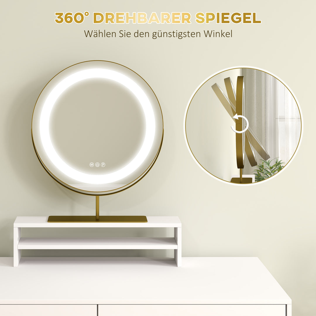 Sminkebord med 360° spejl, led-belysning, 2 skuffer, hvid/guld