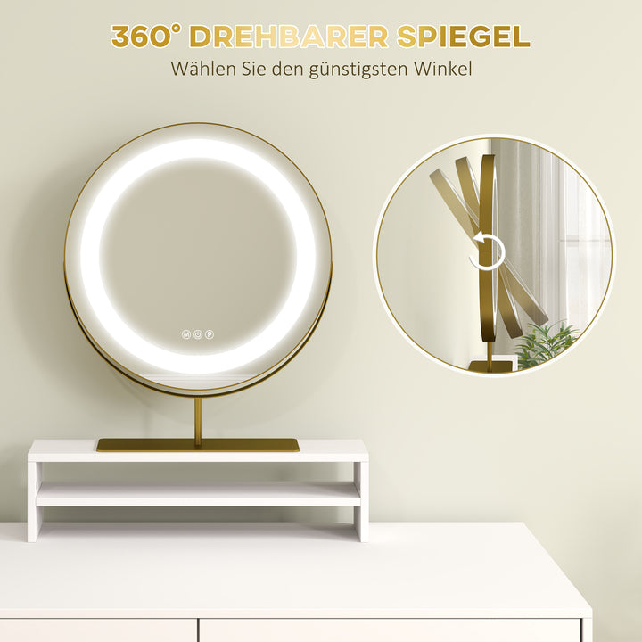 Sminkebord med 360° spejl, led-belysning, 2 skuffer, hvid/guld
