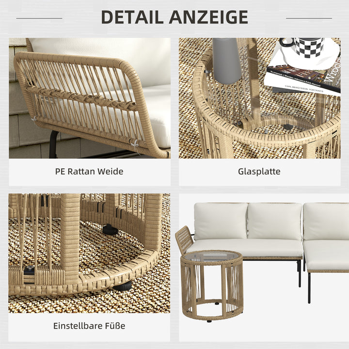 Polyrattan havemøbelsæt, 3 dele, med liggestol, to-personers sofa, aftageligt sofabord, hynder i naturhvid og cremehvid.