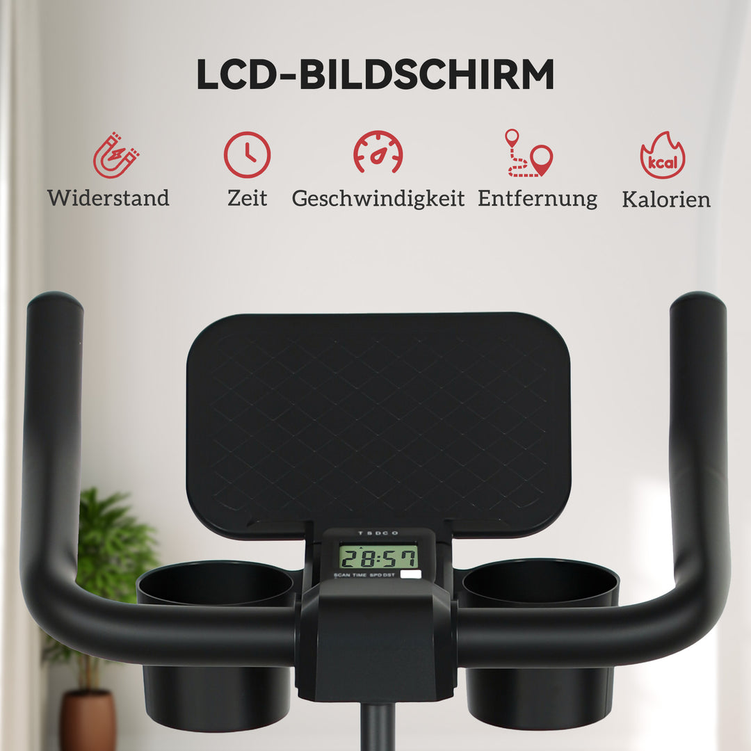 Motionscykel, fitnesscykel med lcd-skærm, tabletholder, flaskeholder, komfortabelt sæde, kompakt, sort