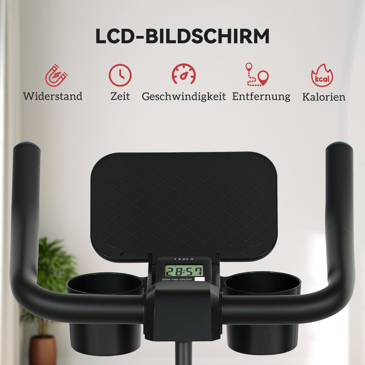 Motionscykel, fitnesscykel med lcd-skærm, tabletholder, flaskeholder, komfortabelt sæde, kompakt, sort