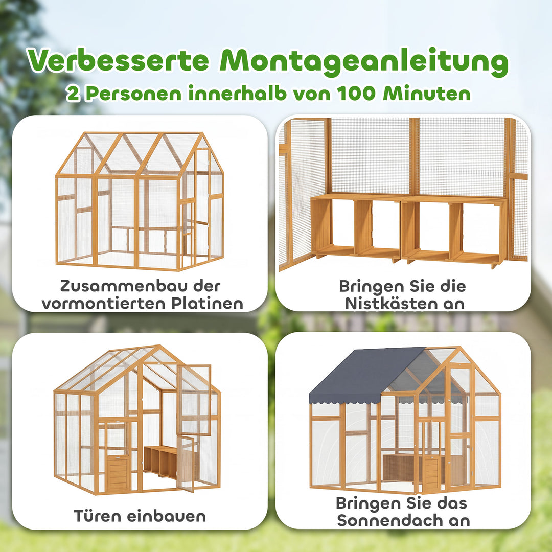 Hønsehus 3,07 m Træløbegård med vandtæt stof, sikkerhedslås, til 6-8 kyllinger 1,7 x 1,8 x 1,8 m