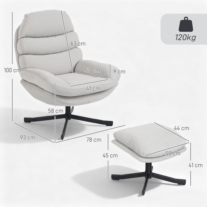 Lænestol med fodskammel, loungestol med chenillestof, moderne TV-stol, 78 x 93 x 100 cm, cremehvid