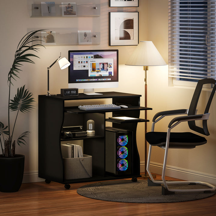 Computerbord med hjul, skrivebord med opbevaring, 80 x 48 x 75 cm, sort