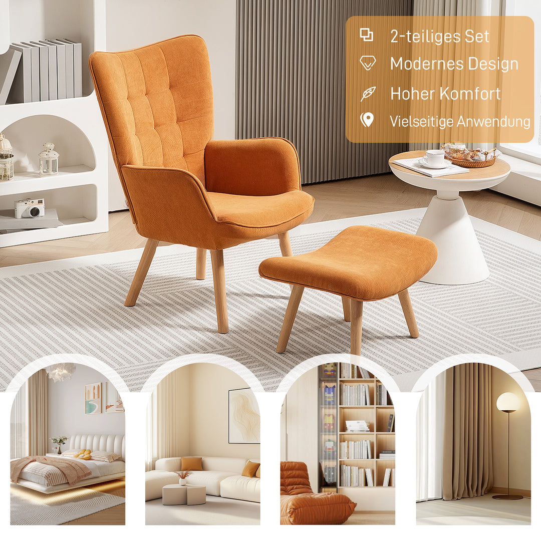 Accentstol med skammel, corduroy-lænestol, lænestol med træben, til stue, brun