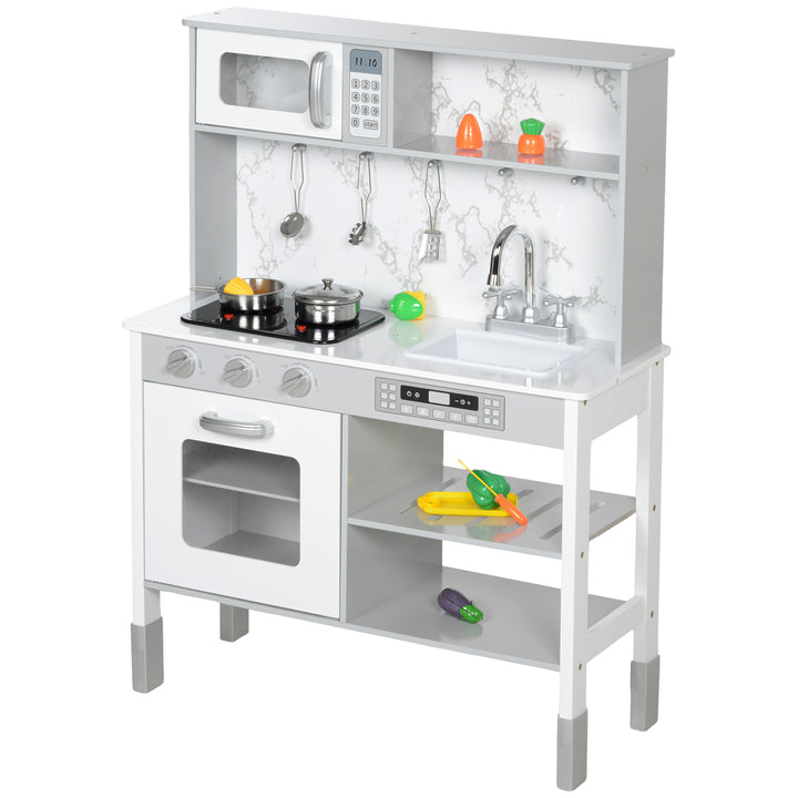 Legekøkken med komfur, mikrobølgeovn, meget tilbehør, højdejusterbar, 70,1 x 28 x 90,2/96,1 cm, hvid