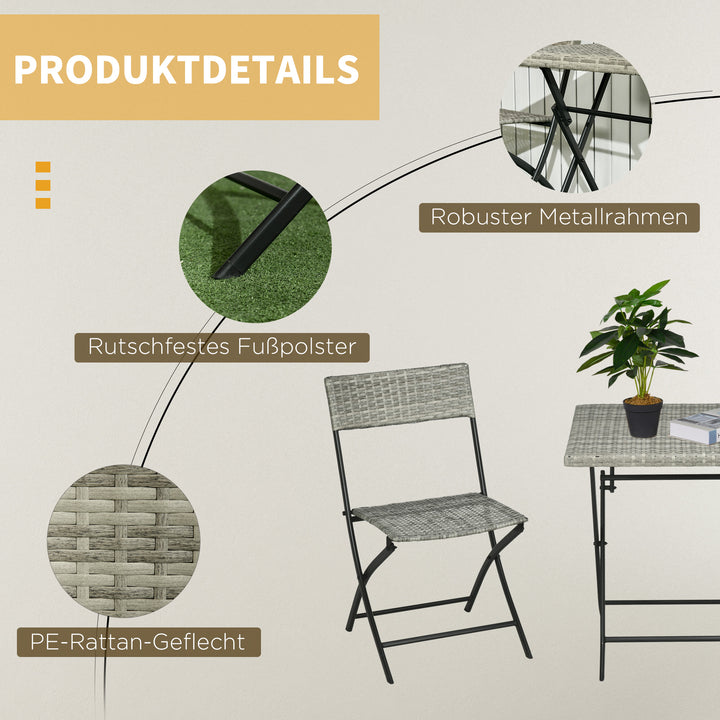 3-Delt havemøbelsæt, 2 klapstole, 1 klapbord, rattan-look, metalstel, lysegrå