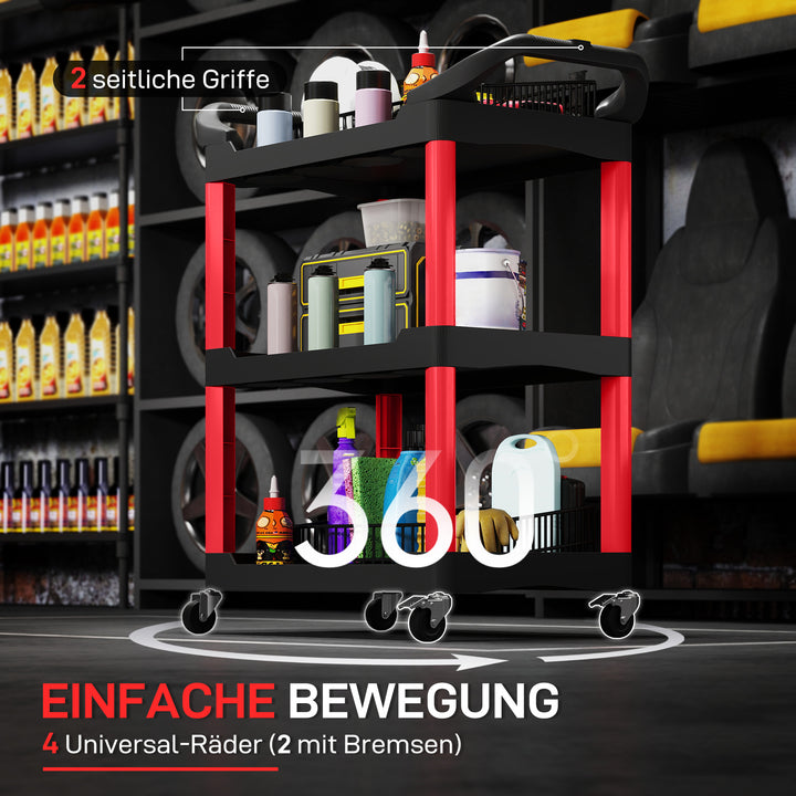 3-lags værktøjsvogn med sidehåndtag og hjul, plastik, rød