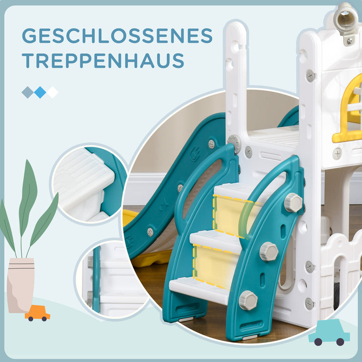 Børnerutsjebane, 4 i 1, småbørnsrutsjebane med basketballkurv, teleskopisk klatrestativ, gul, 70 x 177 x 92 cm