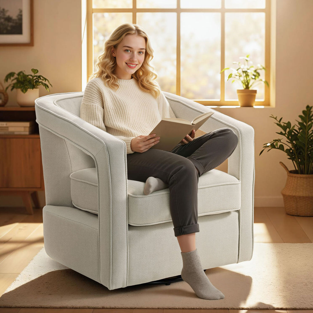 Lænestol til stuen, 360° drejelig loungestol, lænestol med ryglæn og armlæn i ét stykke, 77 x 75 x 72 cm, beige