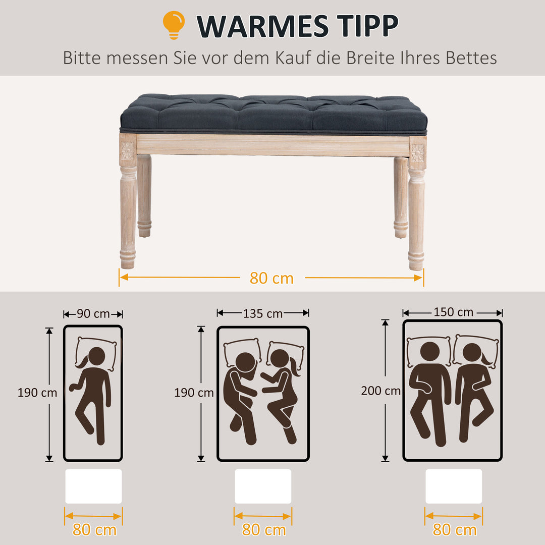 Vintage design bænk med knapsøm og drejede ben, shabby chic, mørkegrå