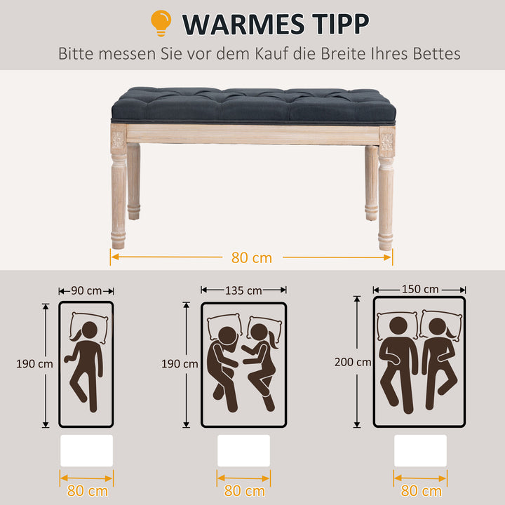 Vintage design bænk med knapsøm og drejede ben, shabby chic, mørkegrå