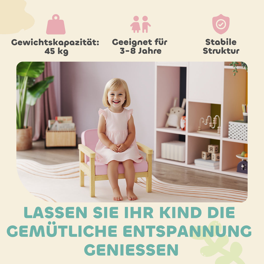 Børnelænestol/sofa med fløjlslook, ben i massivt træ, skumhynde, børnestol til børneværelse/legerum, 46,5 x 44 x 45 cm, til børn 3-8 år, pink