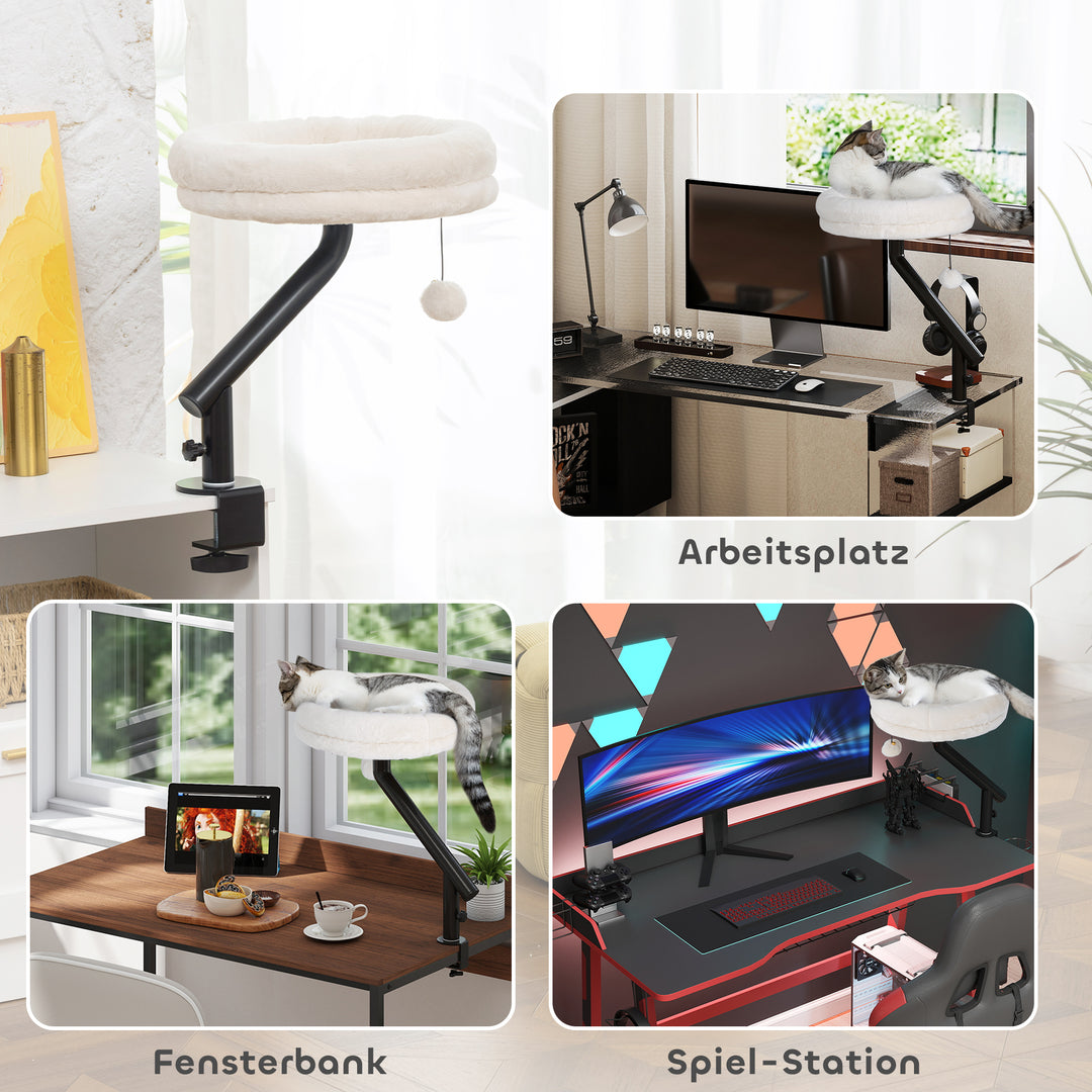 Katteseng til skrivebord, katteseng til skrivebord med 360° rotation, justerbar højde, katteseng med aftagelig, maskinvaskbar seng, til katte under 6 kg, hjemmekontor, cremehvid