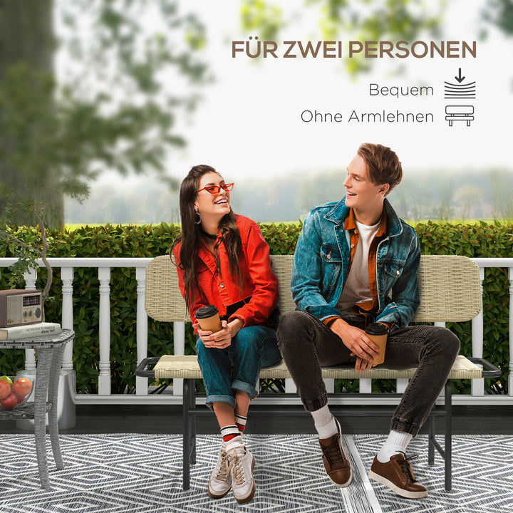 Udendørsbænk til 2 personer, kunstig rattan, rustfri metalramme, 132 x 66 x 80 cm, khaki