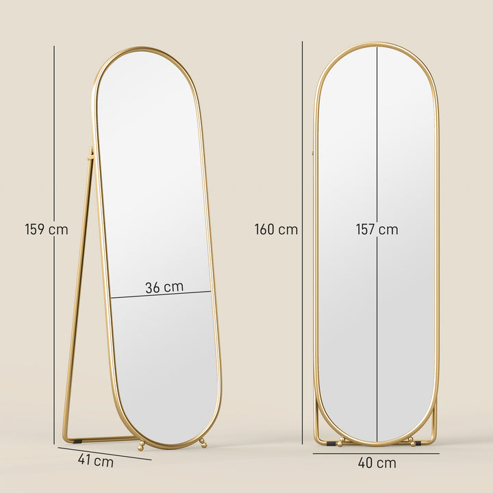 Helfigursspejl, oval form, fritstående, metalramme, 40x160 cm, farve: guld