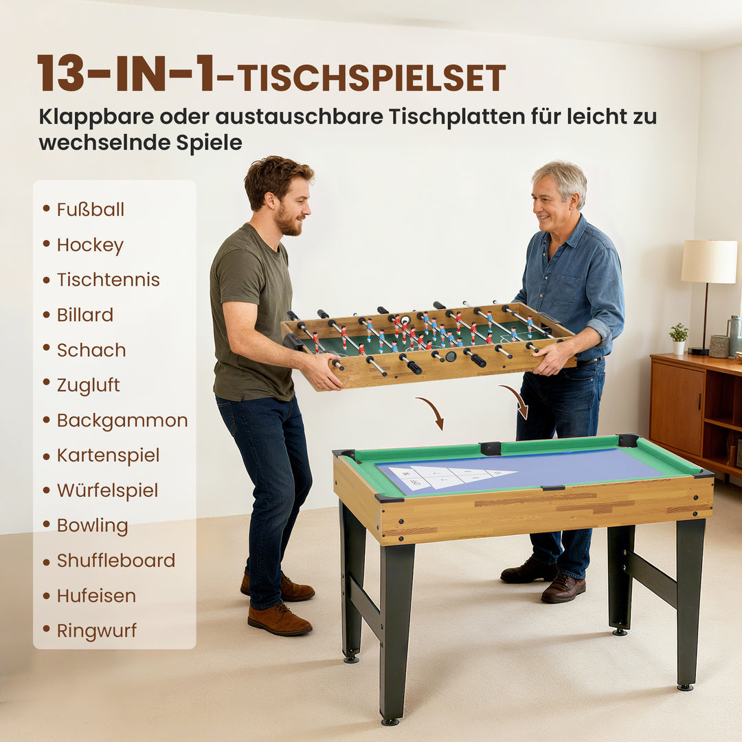 13-i-1 spillebord, bordfodbold, skak, billard, bordtennis og mere, MDF, plastik, valnød