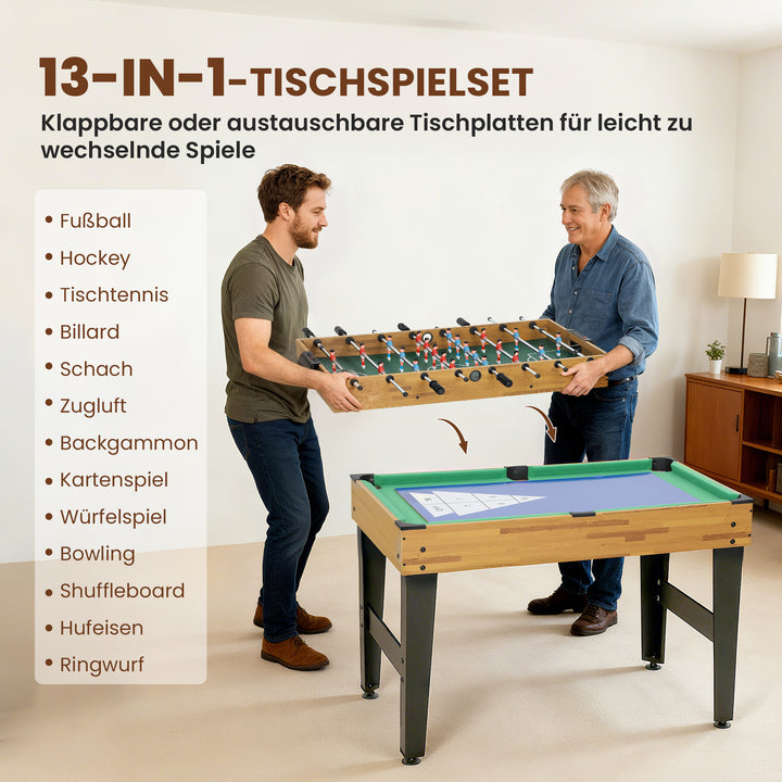 13-i-1 spillebord, bordfodbold, skak, billard, bordtennis og mere, MDF, plastik, valnød