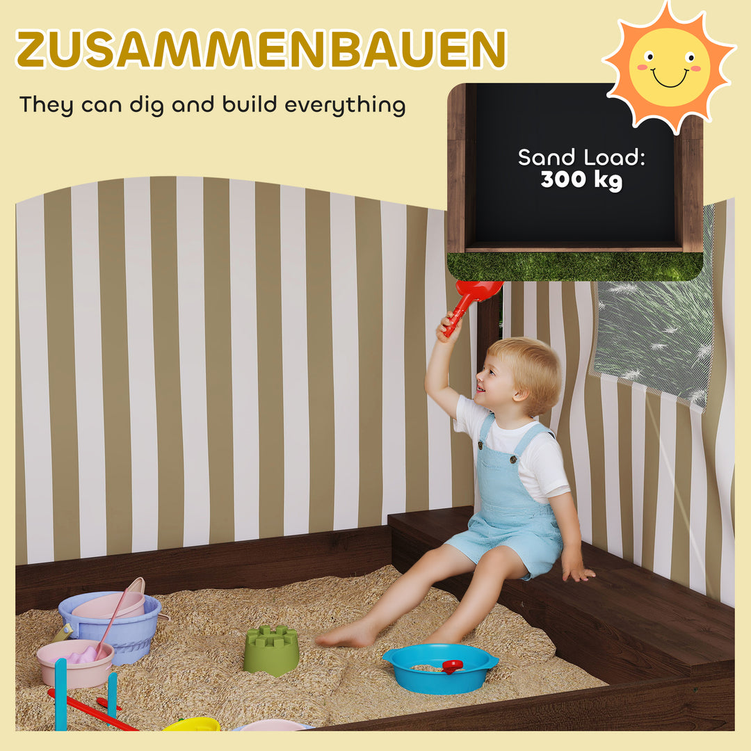 Sandkasse, sandkasse med baldakin og netdør, bænke, gulvbeskyttelse, brun