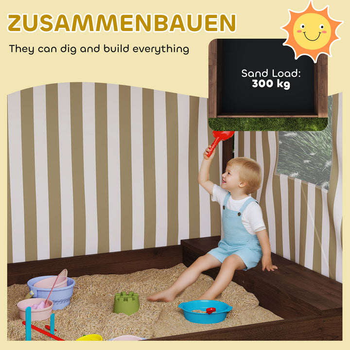 Sandkasse, sandkasse med baldakin og netdør, bænke, gulvbeskyttelse, brun