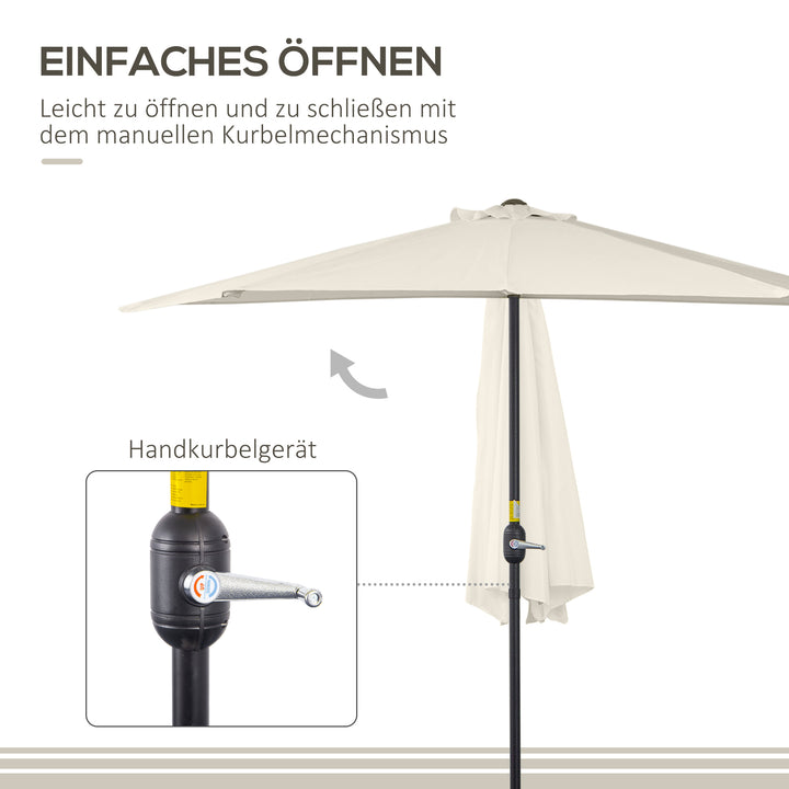 Halvcirkelformet parasol med håndsving, haveparasol, metalstel, balkonparasol, 293x150 cm, cremehvid