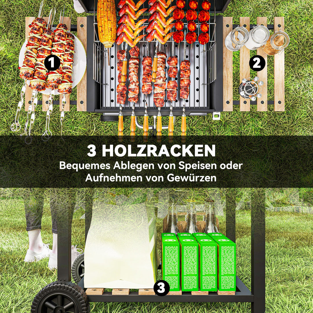 Kulgrill, højdejusterbar kulpande, grillvogn, hylder, termometer, flaskeåbner, stål, træ, sort