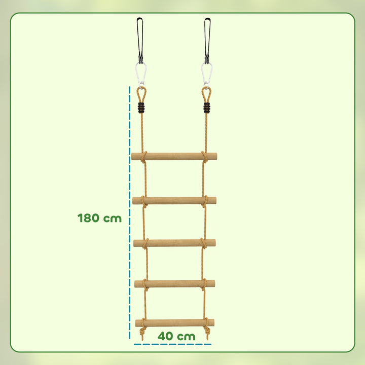 Rebstige til børn, 5-trins klatrestige med 2 karabinhager og 2 træstropper, til alderen 3-8, 40 x 3,5 x 180 cm, naturtræ