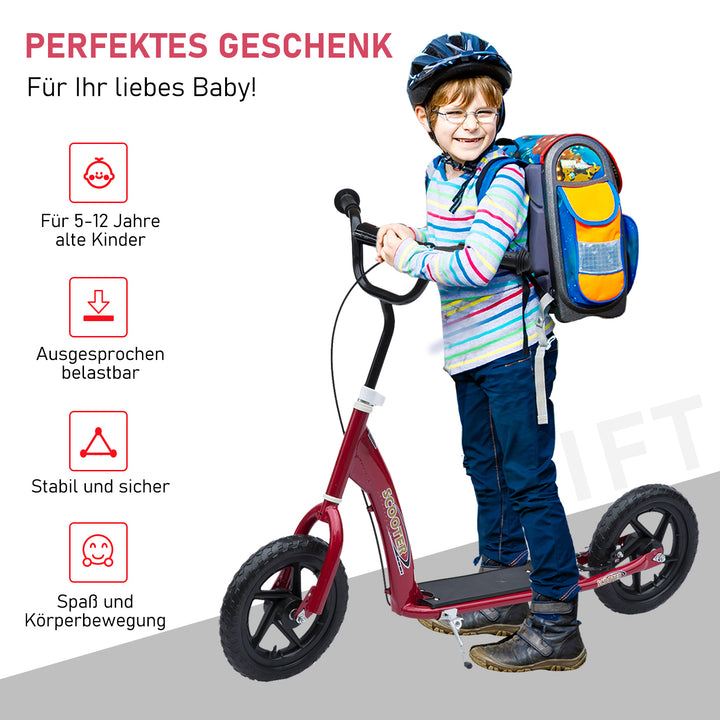 Børneløbehjul med bagbremse, løbehjul, 12 tommer løbehjul, city scooter til børn, kickboard, højdejusterbart, stål, EVA, rød, 120 x 52 x 80-88 cm