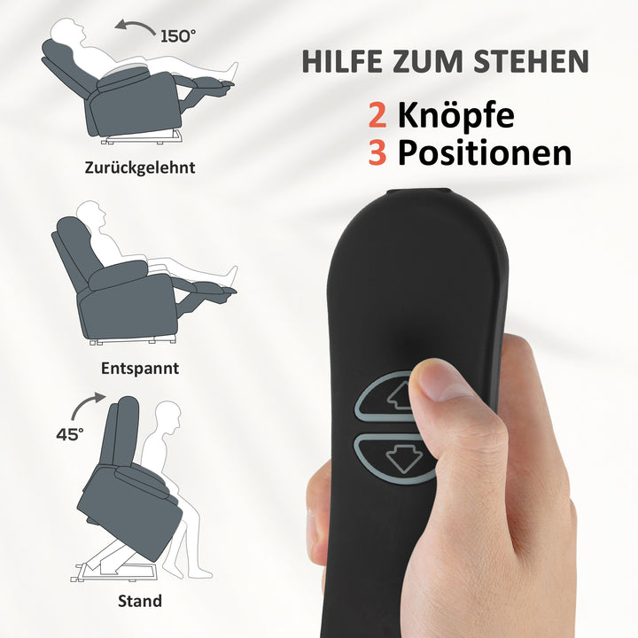 Hævestol med blødt betræk, lænestol med fjernbetjening og sidelommer, grå