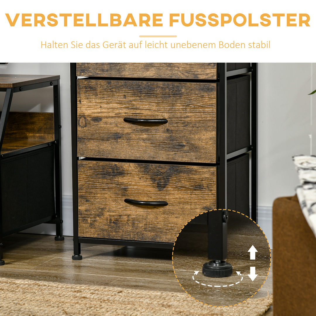 Opbevaringsskab med stofskuffer og mdf-hylder og stålramme, brun