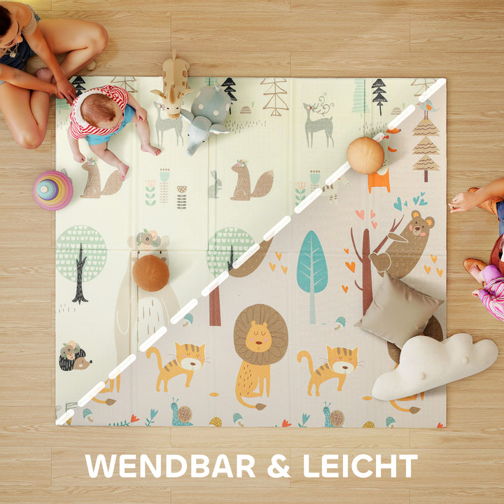 Babylegemåtte 196 x 176 x 1,5 cm sammenfoldelig dobbeltsidet krablemåtte flerfarvet