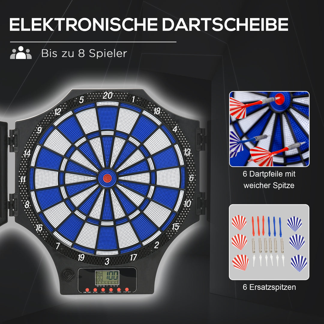 Elektronisk dartskive, 31 spil og 285 programmer, til 8 spillere, 2 døre, 6 dart, lyd, sort, 83 x 45 x 4 cm