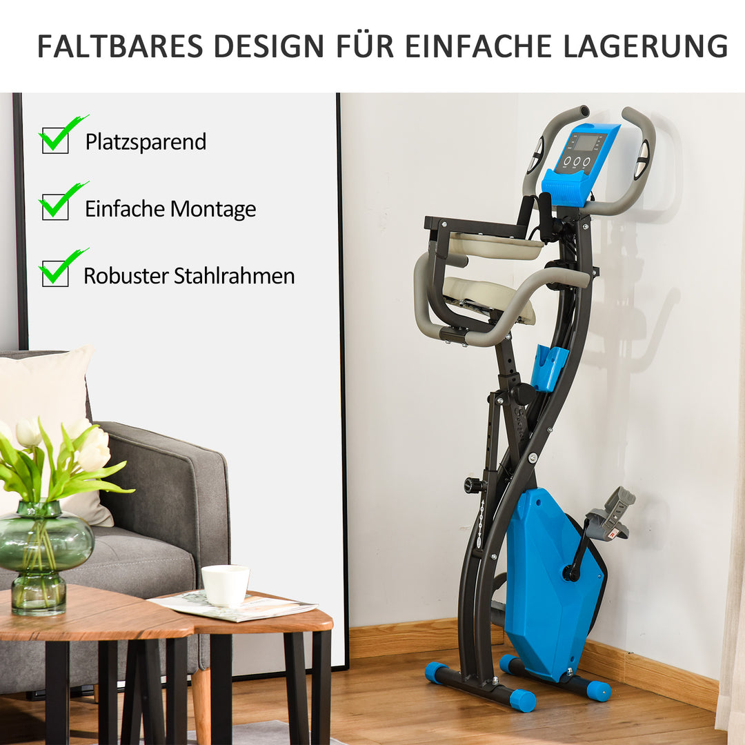 2-i-1 motionscykel med LCD-display, justerbar pulsmåler, sæde og hjul; foldbar motionscykel med 8 niveauer af magnetisk modstand, spændekabel og stålstel.
