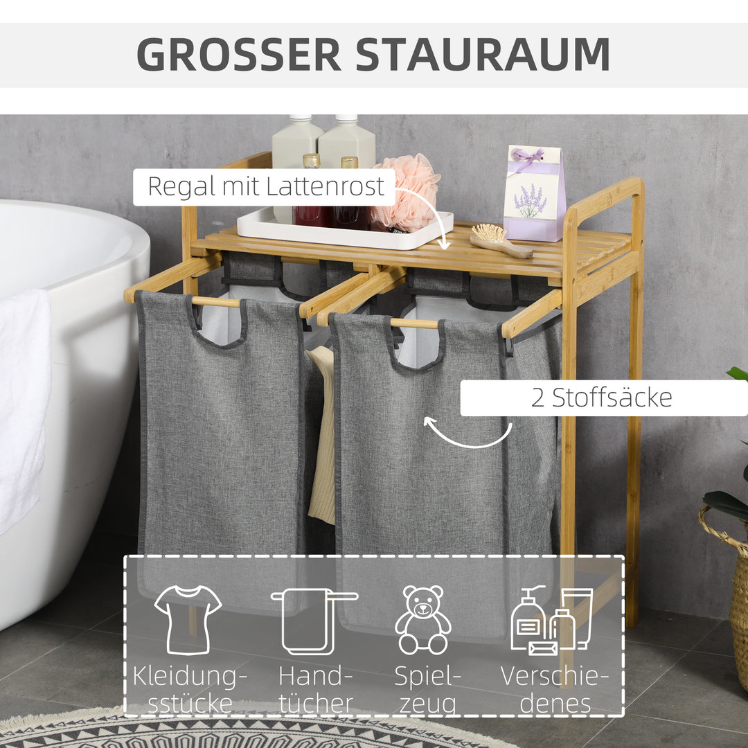 Vasketøjskurv, 2 vasketøjsposer, 2 håndtag, bambus, 63,5 x 33 x 73 cm, grå + natur