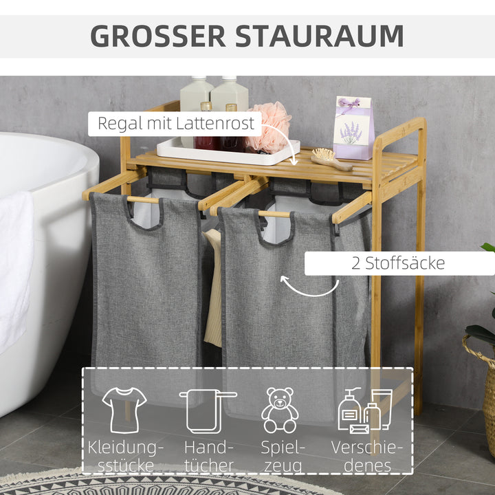 Vasketøjskurv, 2 vasketøjsposer, 2 håndtag, bambus, 63,5 x 33 x 73 cm, grå + natur