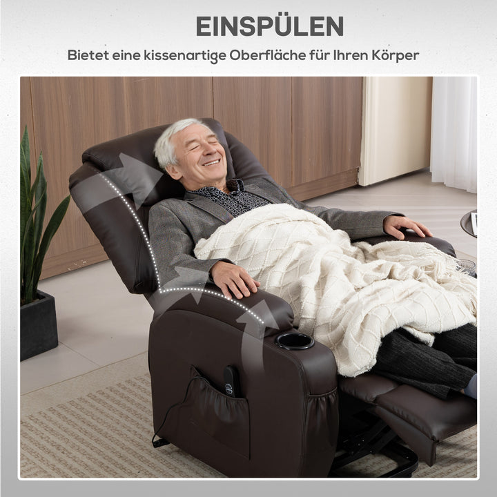Lænestol med løftefunktion, inklusive fjernbetjening, kopholder, justerbar ryglæn, brun