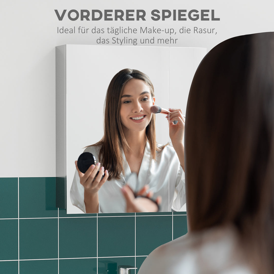 Spejlskab, badeværelsesskab, 2 spejldøre, 3 indvendige hylder, rustfrit stål, farve: sølv, 54 x 13 x 60 cm