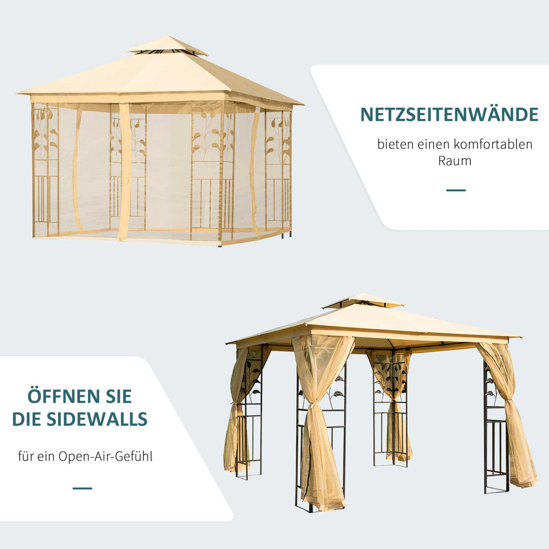 Luksus 3x3 m pavillon, havepavillon med dobbelttag, festtelt med sidepaneler, partytelt, havetelt, pagode, beige