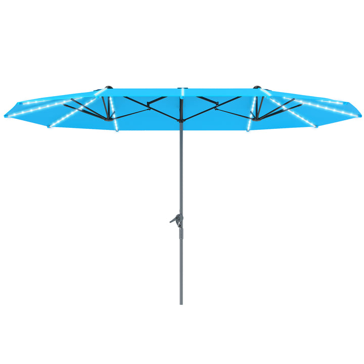 Dobbeltparasol med solcellelamper, aluminium, polyester, upf 50+ beskyttelse, uv-resistent, terrasseparasol, blå