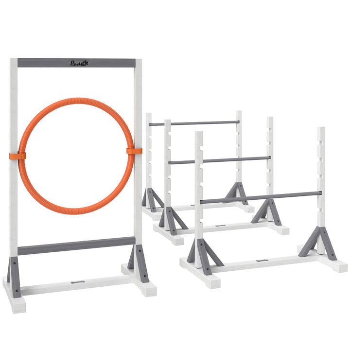 Agility set hunde 4-delt agilityudstyr til hundetræning med højdejusterbare hækkedæk hvide