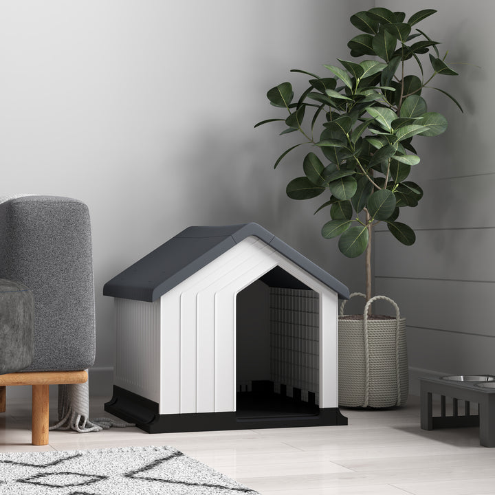 Hundehus, vejrbestandigt, vindue og dør, til små hunde op til 10 kg/40 cm længde, 62x61x60 cm, grå/hvid