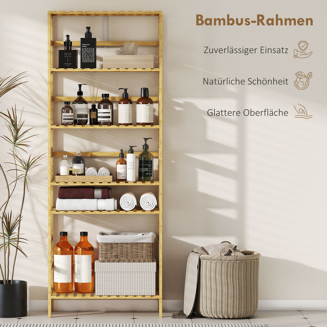 6-etagers hylde lavet af bambustræ, justerbare hylder, fritstående opbevaringshylde, naturtræ