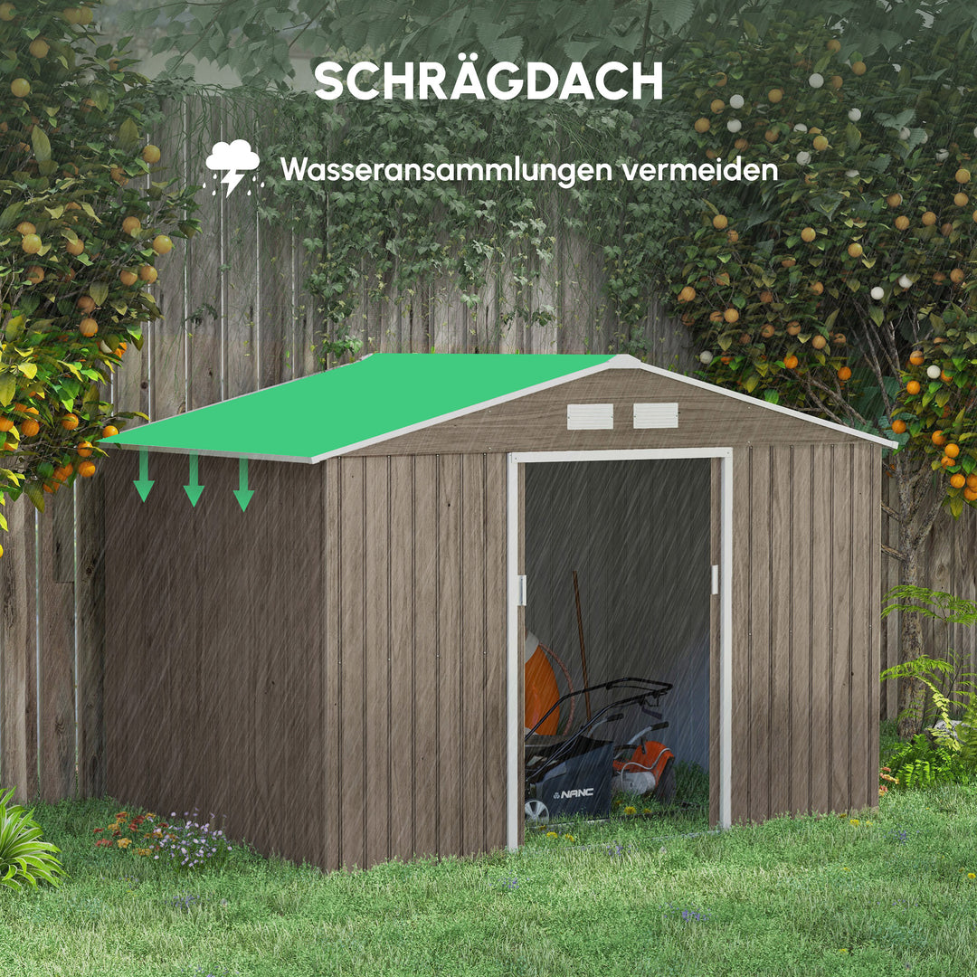 Haveskur, 2 skydedøre, 4 vinduer, vejrbestandig, metalhus, 2,7 x 1,9 x 1,9 m, brun