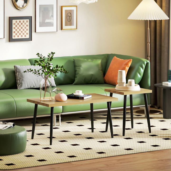 Sæt med 2 sofaborde, stort og lille bord med metalramme og træplade, fleksible sofaborde, naturtræ