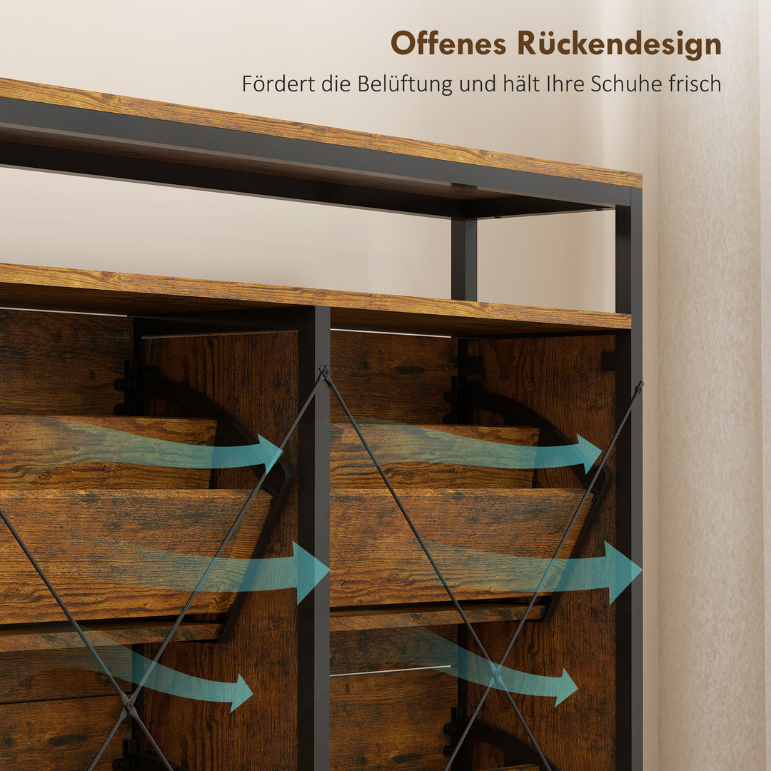 Skoskab med 4 sammenklappelige skuffer, slankt design, åben hylde, til 12-20 par sko, stål, brun