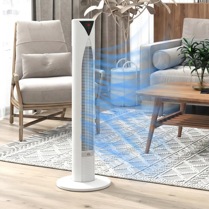 70° oscillerende tårnventilator med fjernbetjening, 4 tilstande, 3 hastigheder, timer, 31,5 x 31,5 x 96 cm, hvid