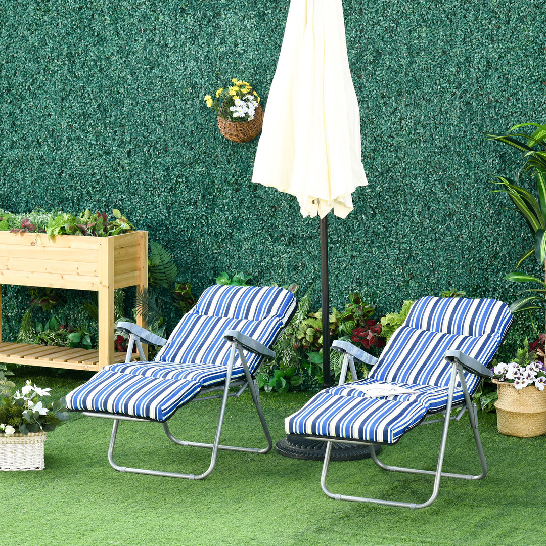Sæt med 2 foldbare liggestole med hynder, justerbar ryglæn med 5 positioner, havestol, havemøbelsæt, stål, polyester, blå, 60 x 75 x 65-102 cm