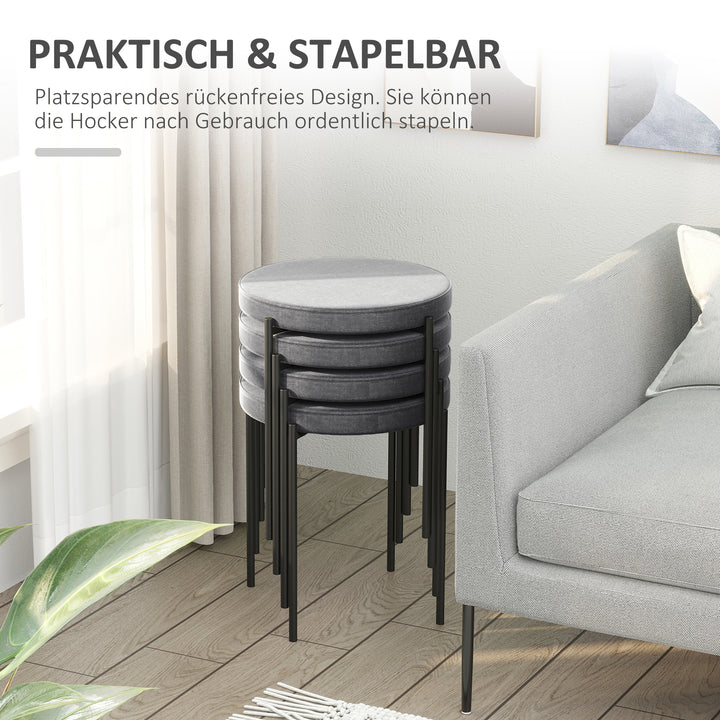 Sæt med 4 stabelbare spisestuestole med polstret sæde, fløjlslook fløjlsskammel til køkken/spisestue metalgrå 41,5 x 41,5 x 46 cm