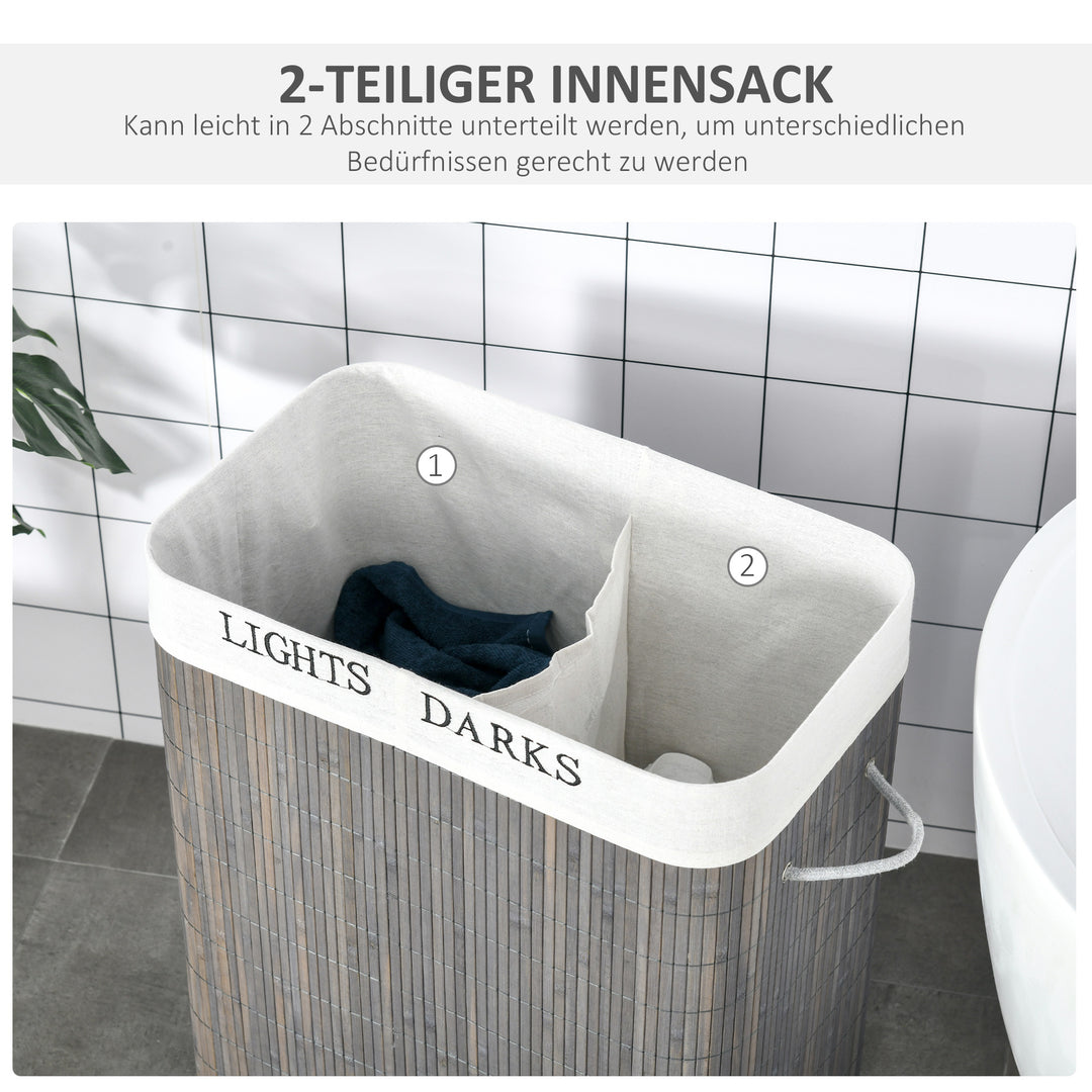 100L vasketøjskurv med 3 håndtag, med vaskbar vasketøjspose, bambus, polyester, bomuld, metal, 52 x 32 x 63 cm, grå